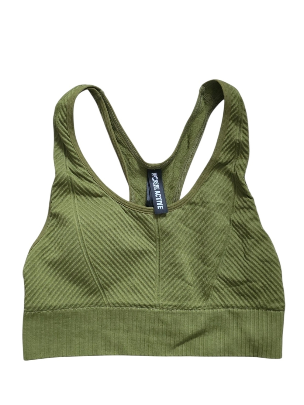 PINK Active Olive Green Ribbed Sports Bra XS Seamless Racerback Sporty Support